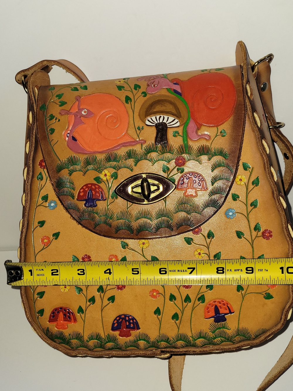 Hand-Painted Tan Leather Crossbody Bag with Floral & Mushroom Motif - Picture 6 of 9